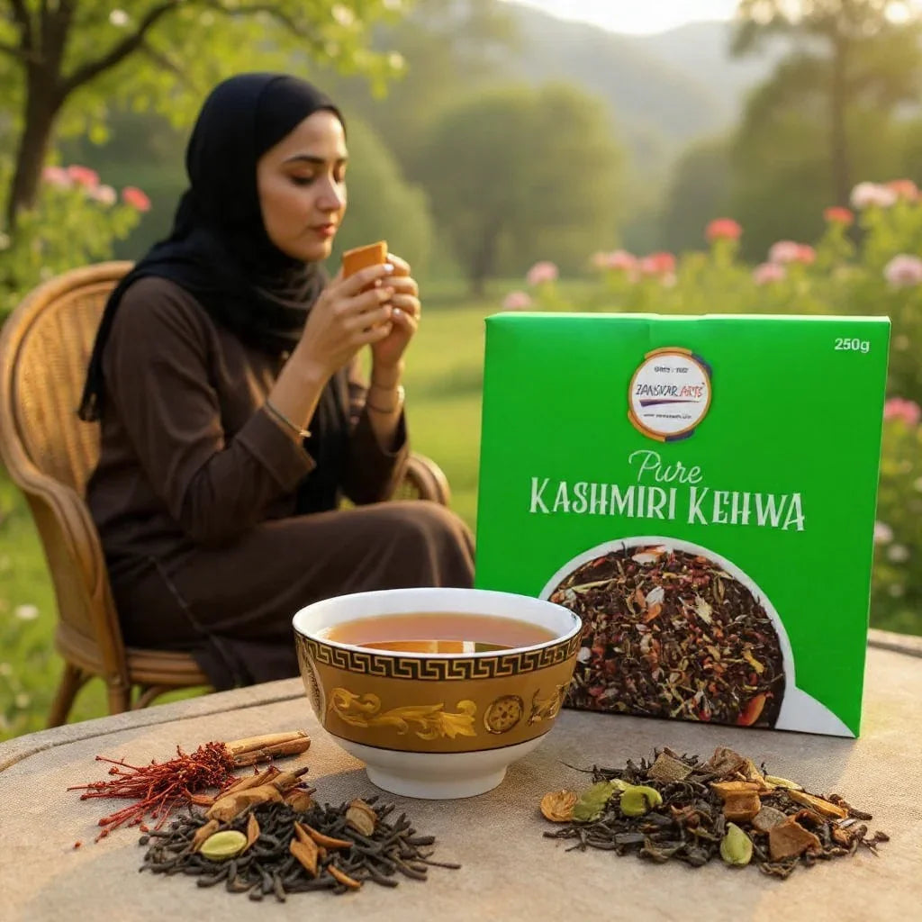Woman in black hijab enjoying a cup of Kashmiri Kehwa tea outdoors with green packaging and spices