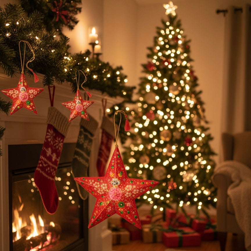 Cozy living room with lit fireplace, hanging red star ornaments, stockings, and decorated Christmas tree
