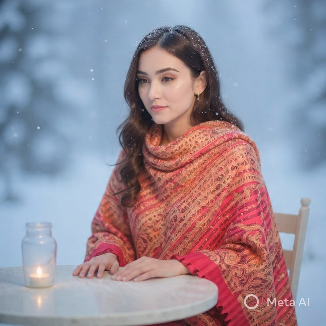 Woman wearing a vibrant pink and orange patterned pashmina shawl sitting at a table with a lit candle jar in snowy outdoor setting