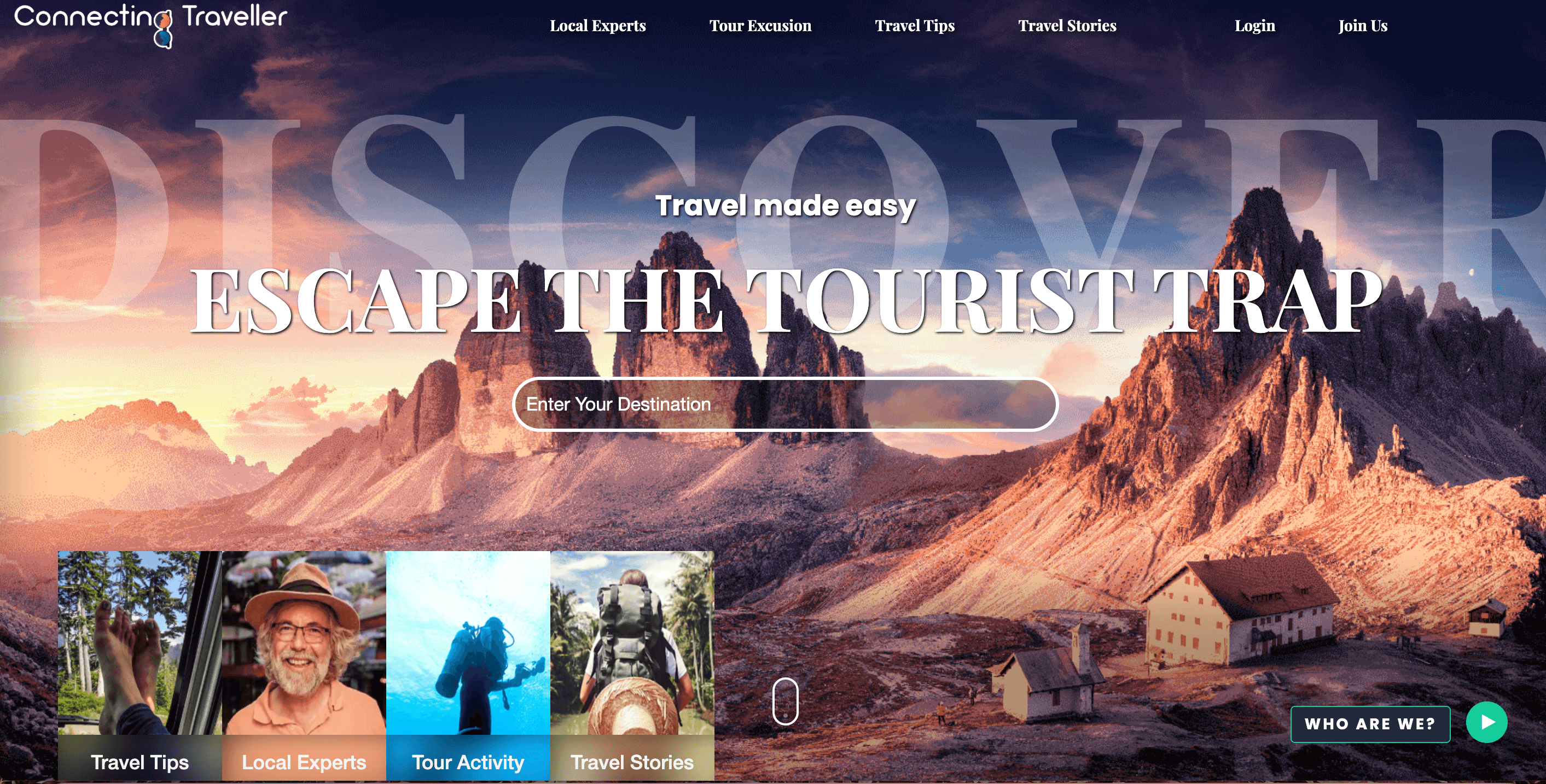 Mountain landscape with rugged peaks and sunset sky behind text 'Escape the Tourist Trap' on travel website