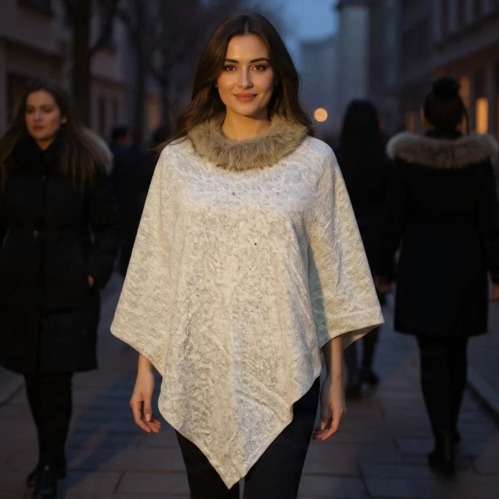 Plain Pashmina Panchu with Fur | Cloud Colour