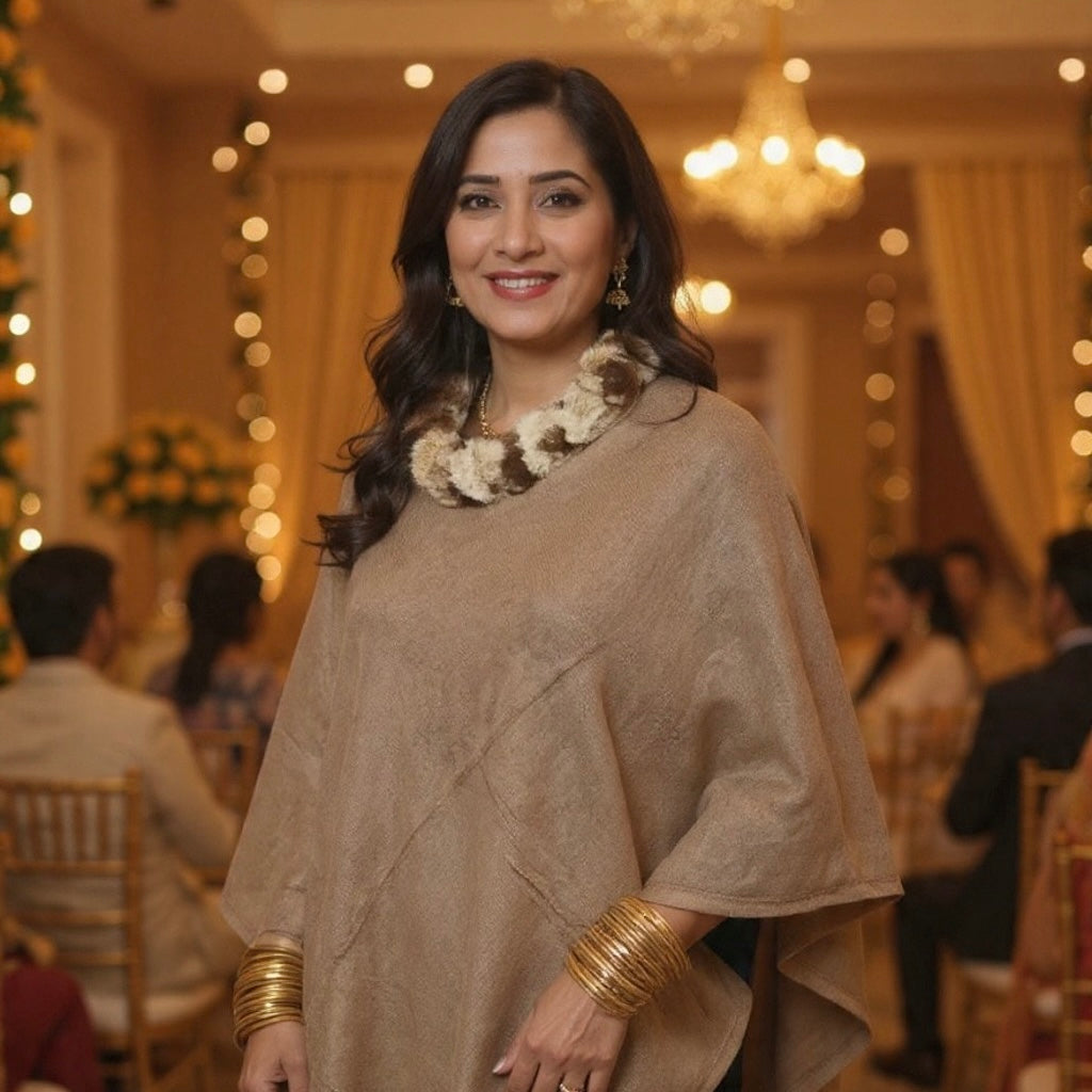 Plain Pashmina Panchu With Fur | Russet Colour