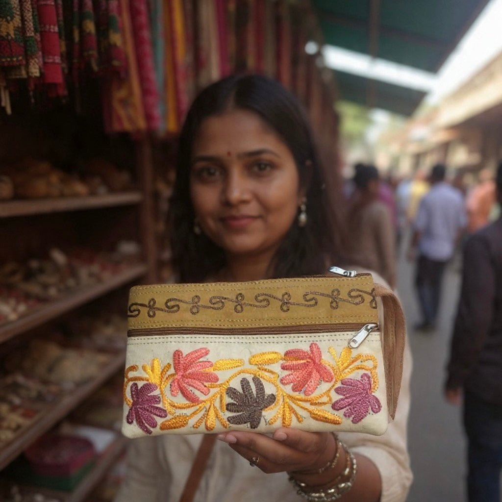 Suede Leather Purse | Aari Hand Purch | 8" 3 Zip Embroidered Purse