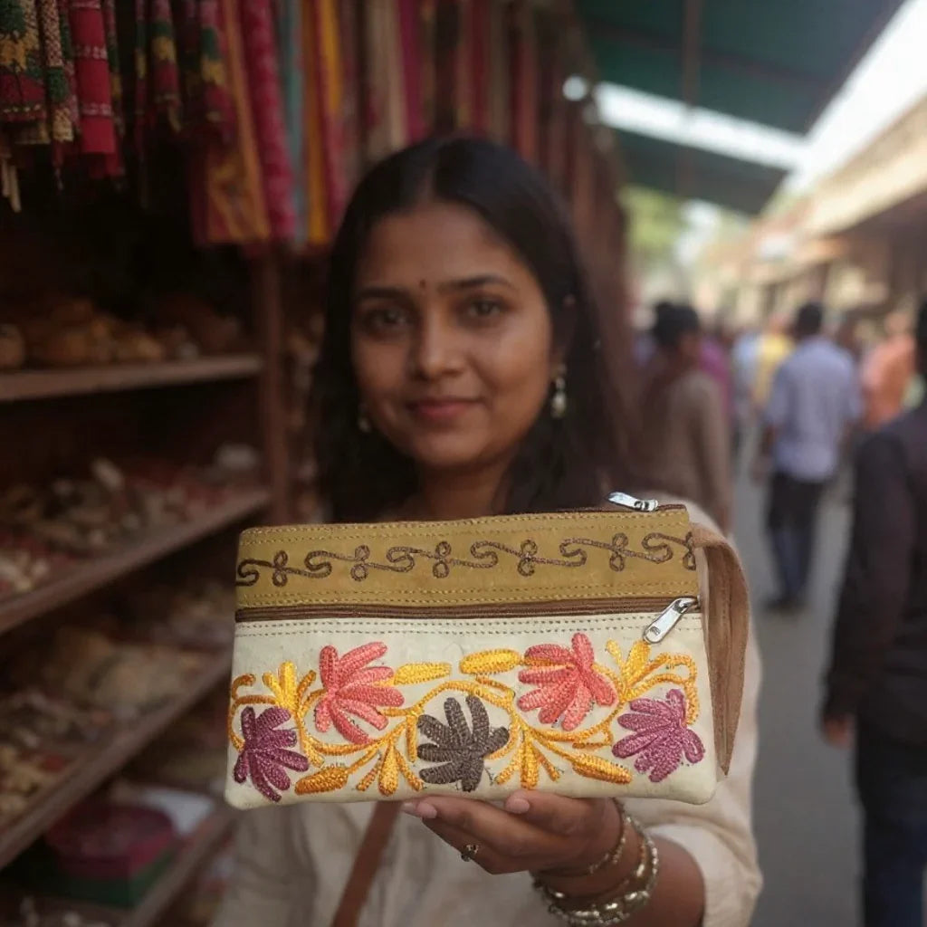 Suede Leather Purse | Aari Hand Purch | 8" 3 Zip Embroidered Purse