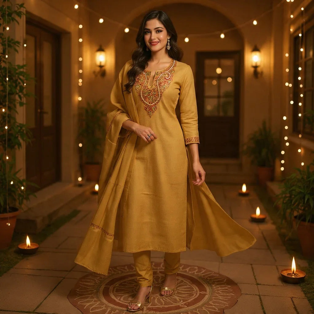 Kashmiri Sozni Work Suit | Woollen Suit | Unstitched Suit