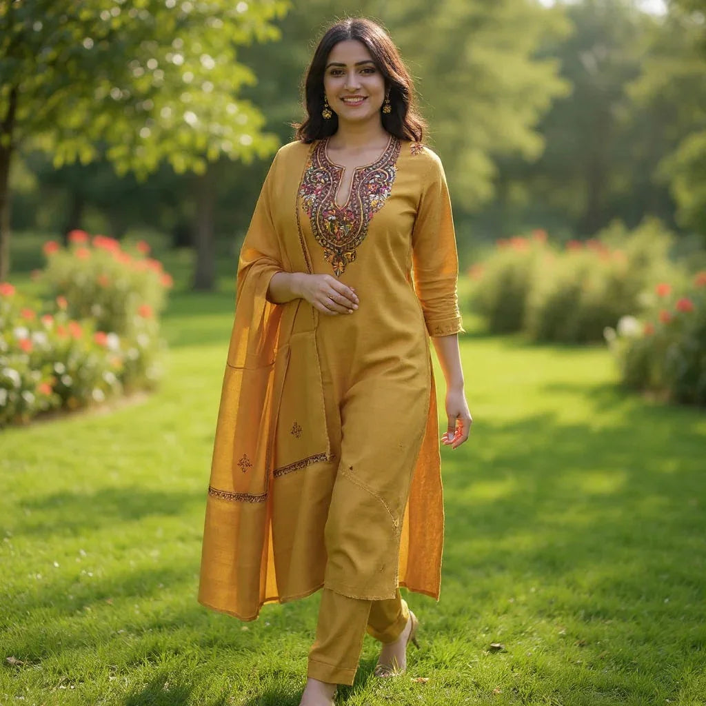 Kashmiri Sozni Work Suit | Woollen Suit | Unstitched Suit