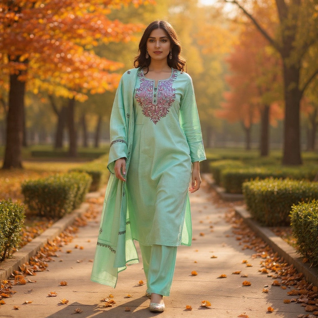 Kashmiri Sozni Work Suit | Woollen Suit | Unstitched Suit