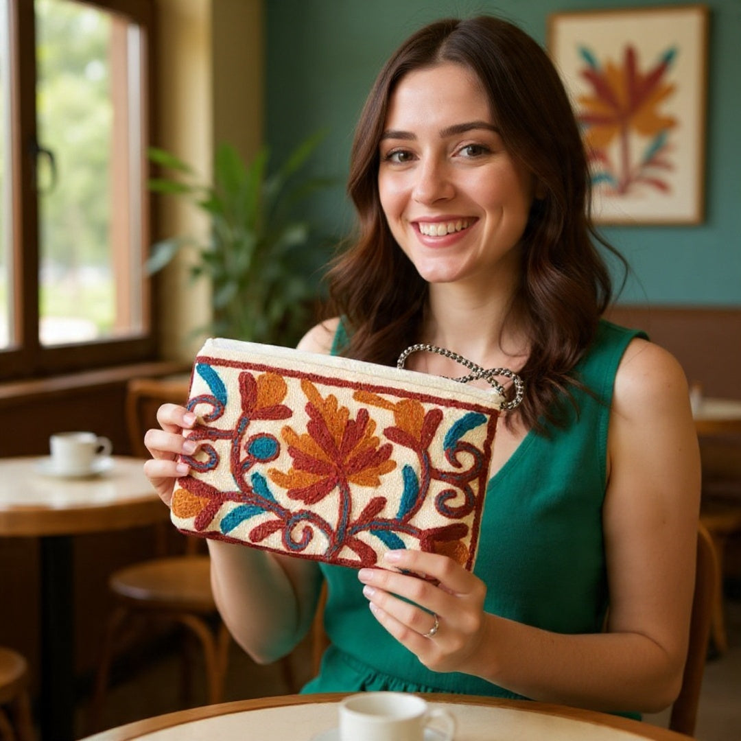 Hand Pouch | Crewel clutch | Kashmiri Crewel Embrodery