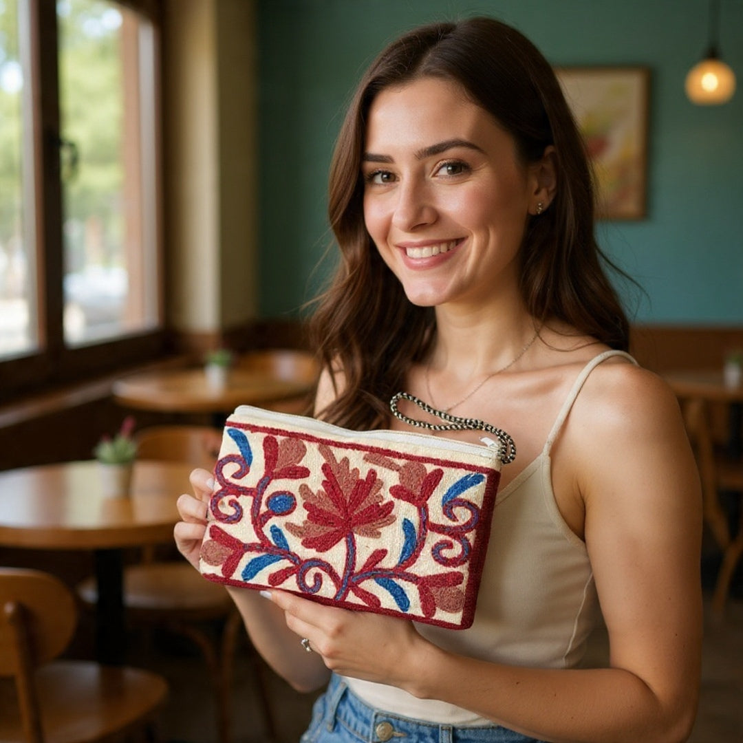 Hand Pouch | Crewel clutch | Kashmiri Crewel Embrodery