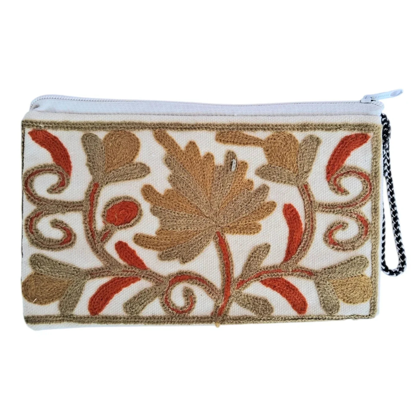 Handcrafted beige pouch with intricate brown, olive green, and rust floral embroidery and zipper closure