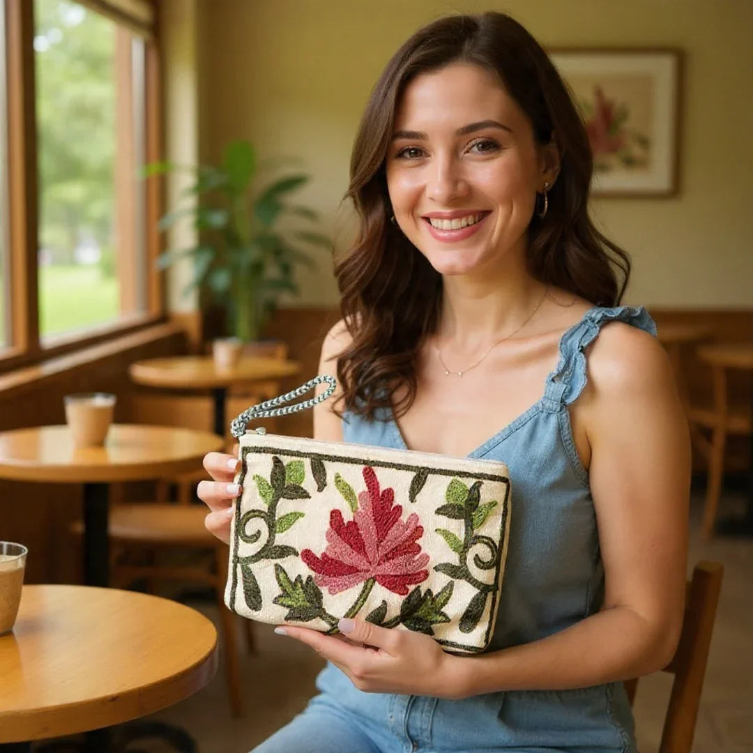Hand Pouch | Crewel clutch | Kashmiri Crewel Embrodery