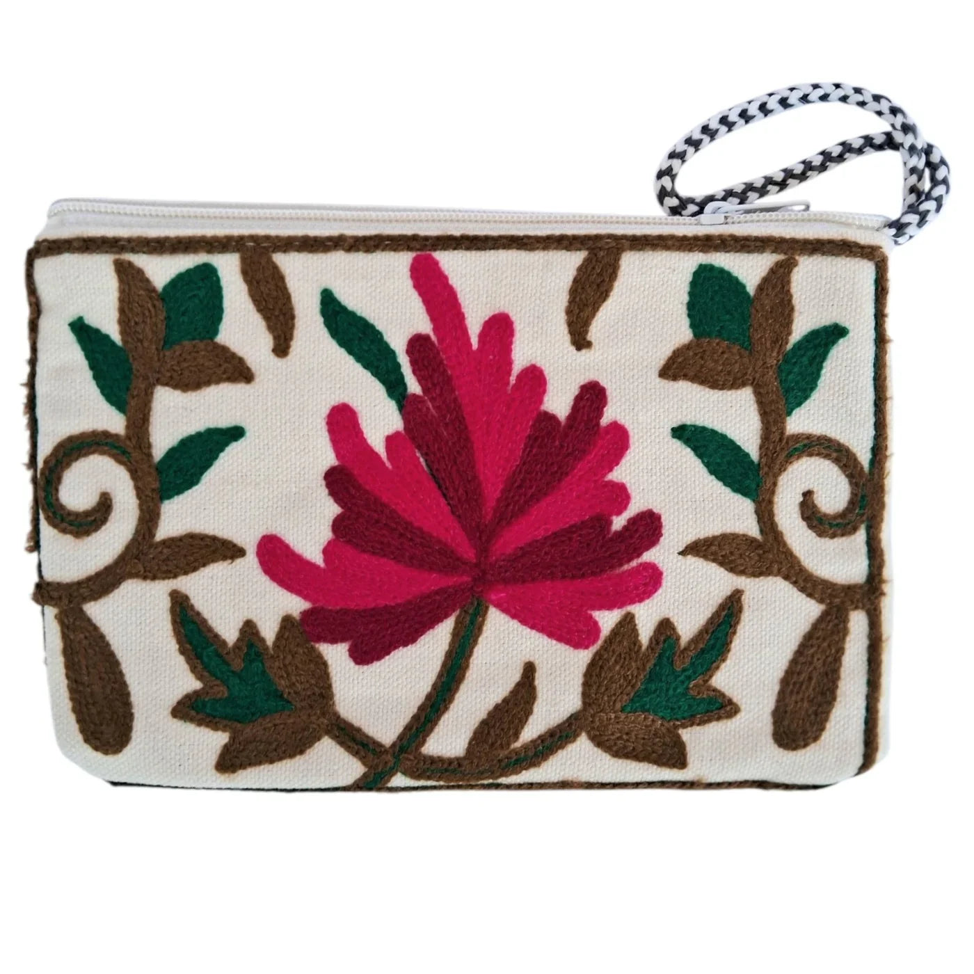 Handcrafted fabric pouch with pink floral embroidery, green leaves, and a white zipper with loop handle