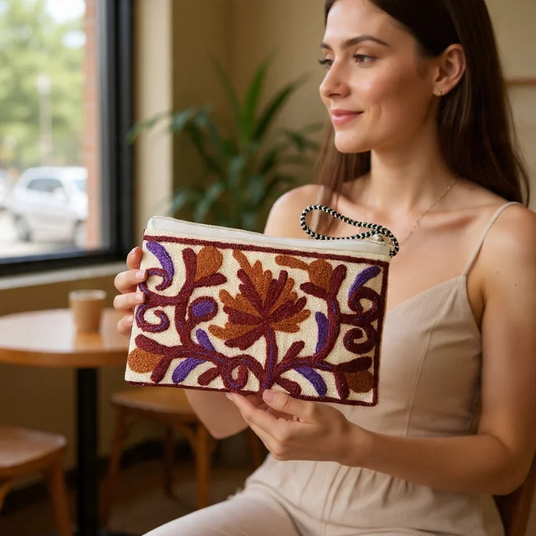 Hand Pouch | Crewel clutch | Kashmiri Crewel Embrodery