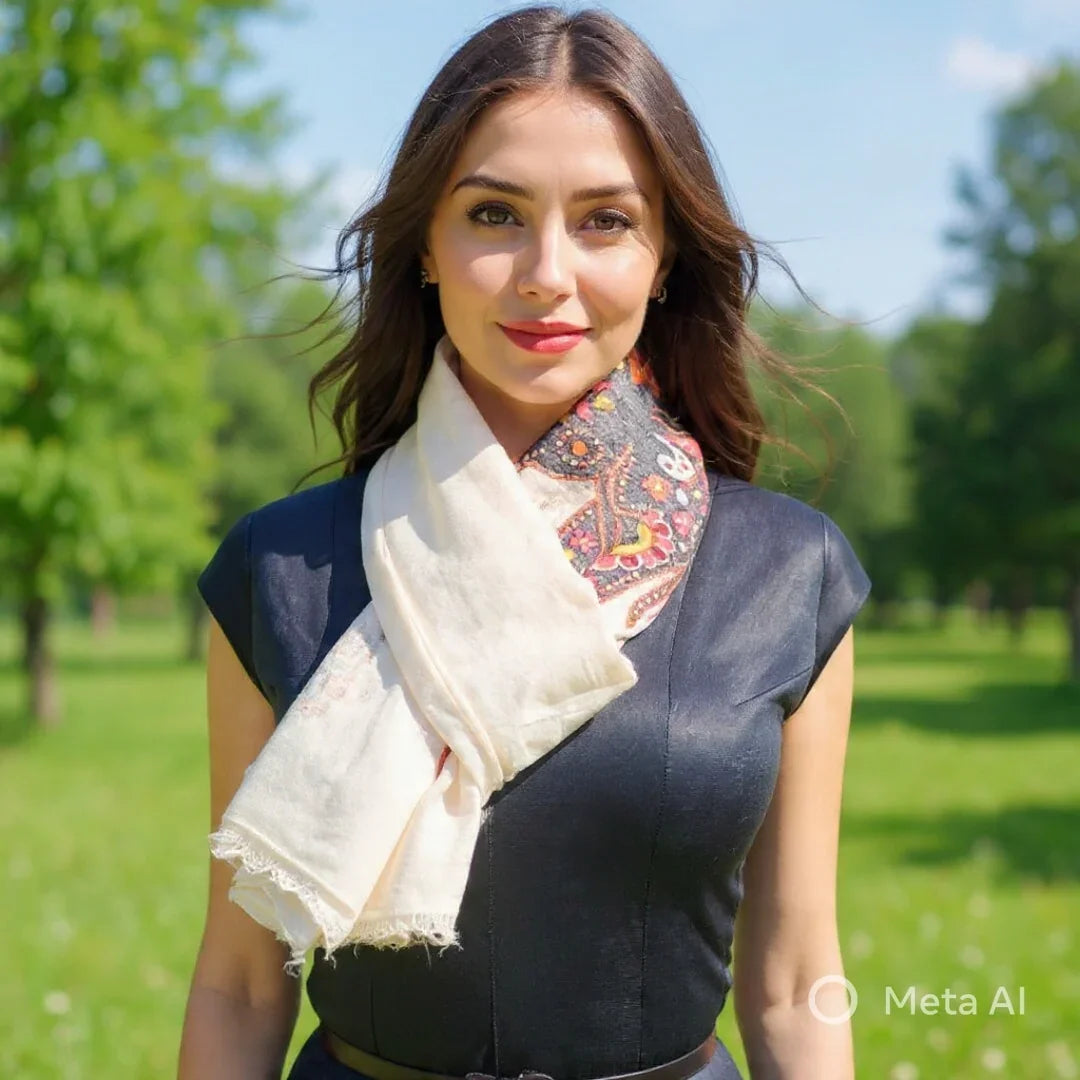 Pashmina Stole | Elephant Designed Stole | White Colour