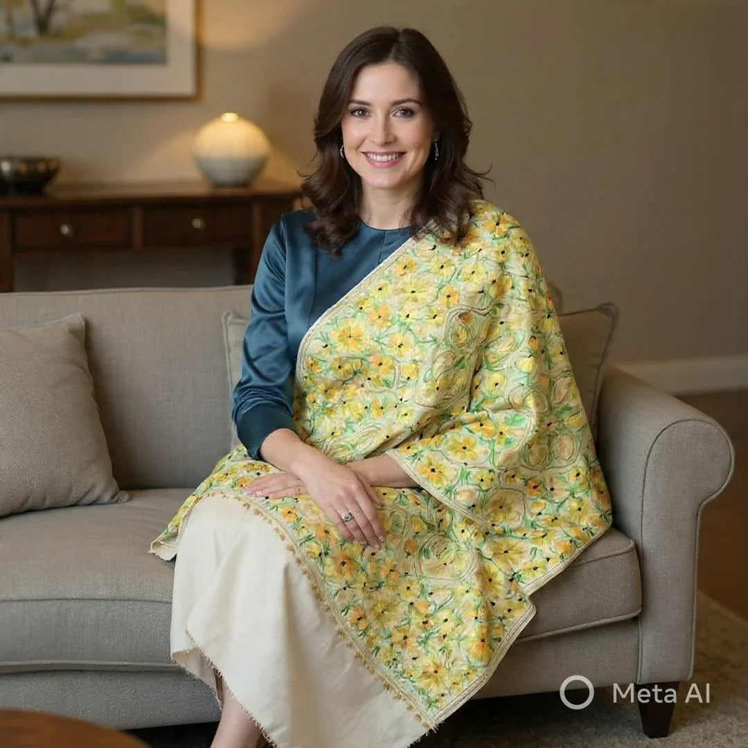 Kashmiri Wool Stole | Full Aari Work Stole | Handwoven