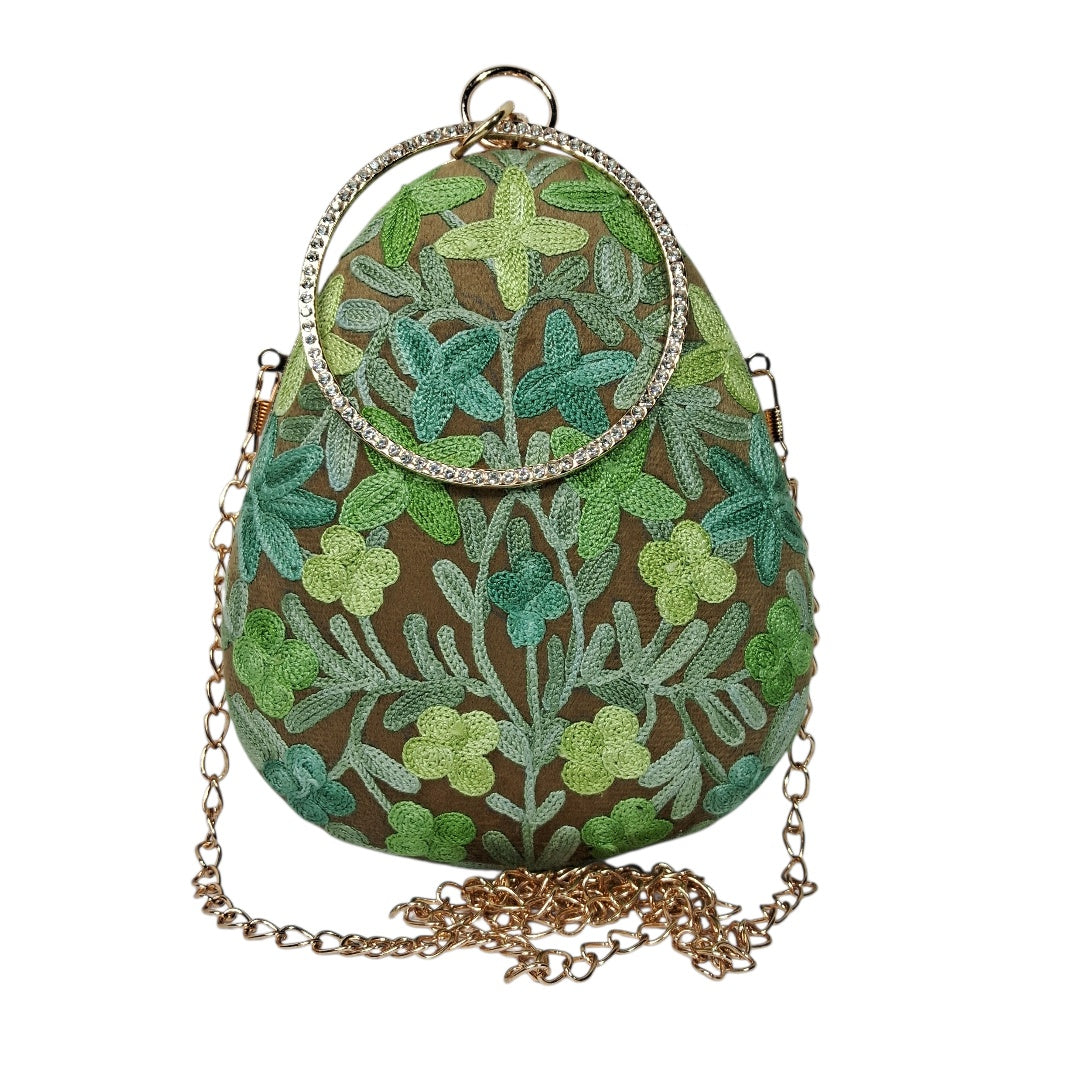 Dark Green Almond | Aari Work Embroidered Kashmiri | Clutch with Sling