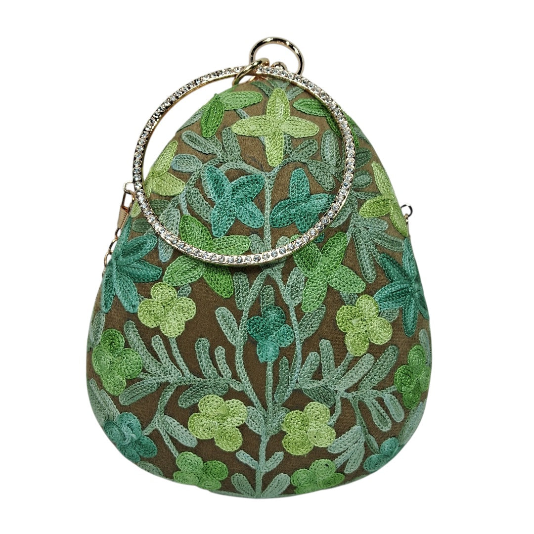Dark Green Almond | Aari Work Embroidered Kashmiri | Clutch with Sling