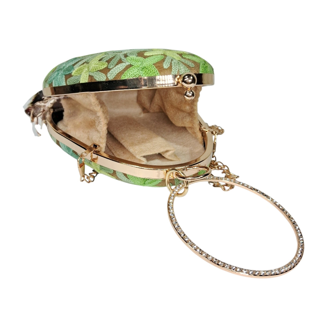 Dark Green Almond | Aari Work Embroidered Kashmiri | Clutch with Sling