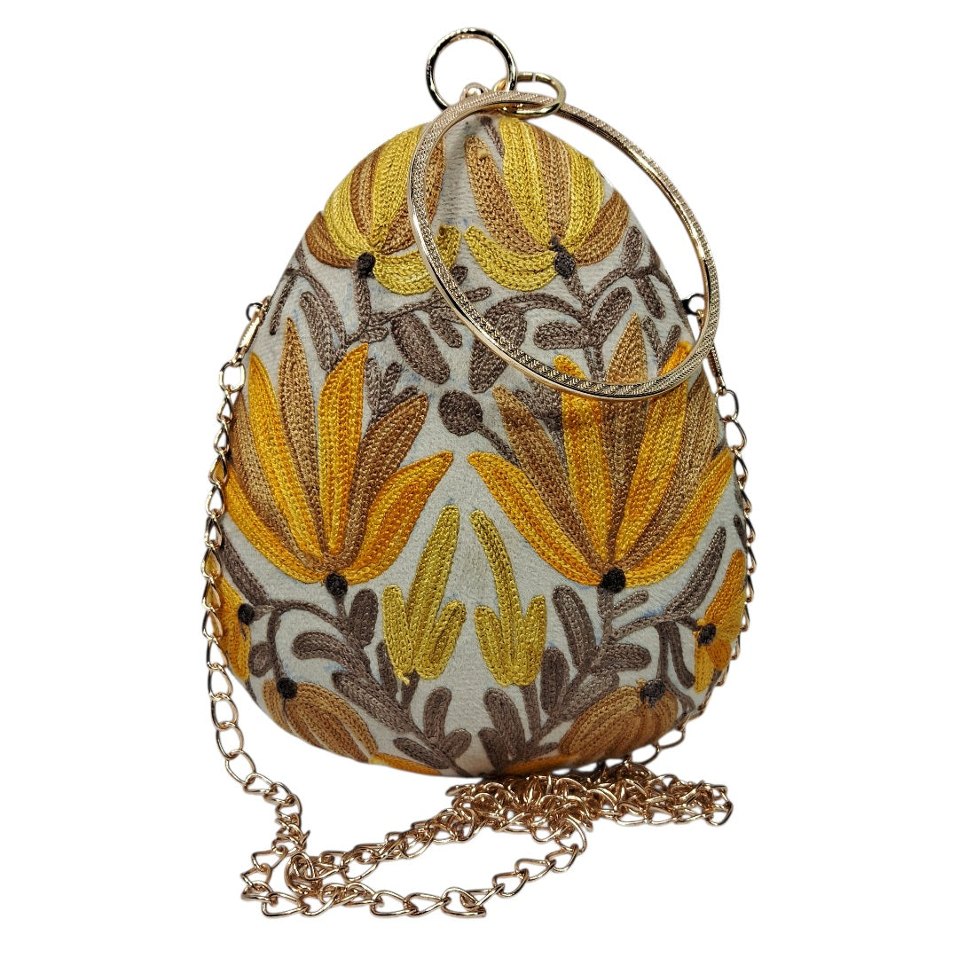 Dark Yellow Almond | Aari Work Embroidered Kashmiri | Clutch with Sling