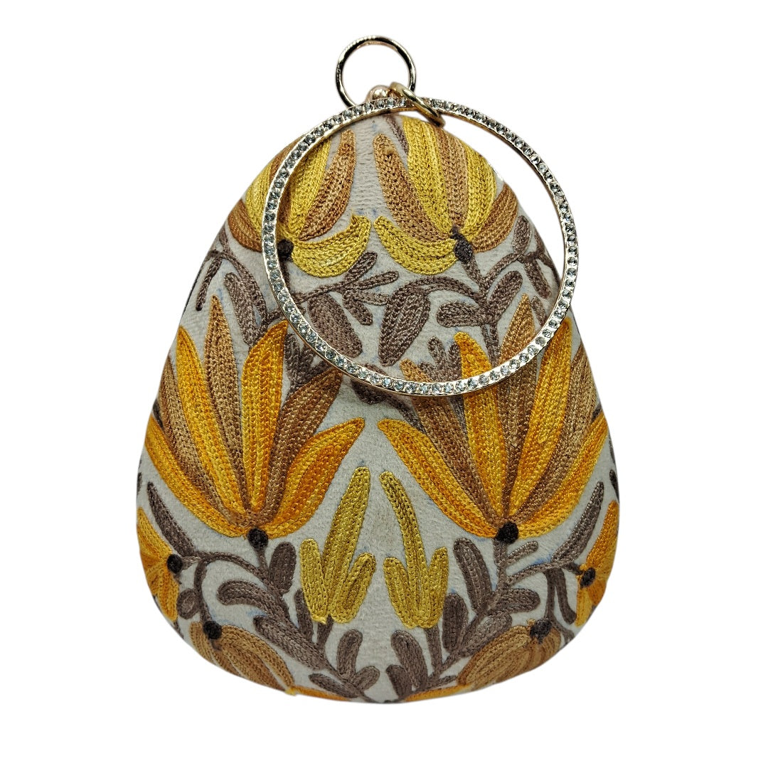 Dark Yellow Almond | Aari Work Embroidered Kashmiri | Clutch with Sling