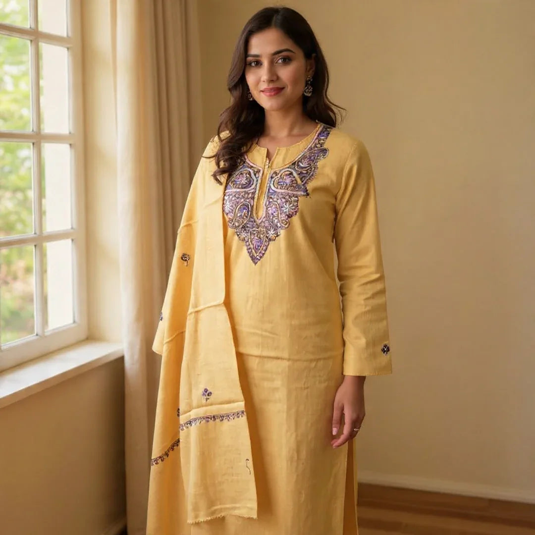 Kashmiri Sozni Work Suit | Woollen Suit | Unstitched Suit