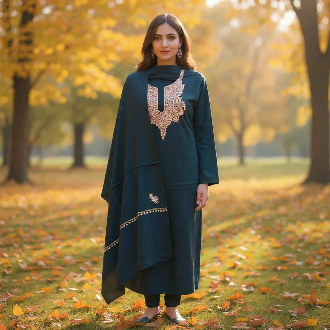 Kashmiri Sozni Work Suit | Woollen Suit | Unstitched Suit