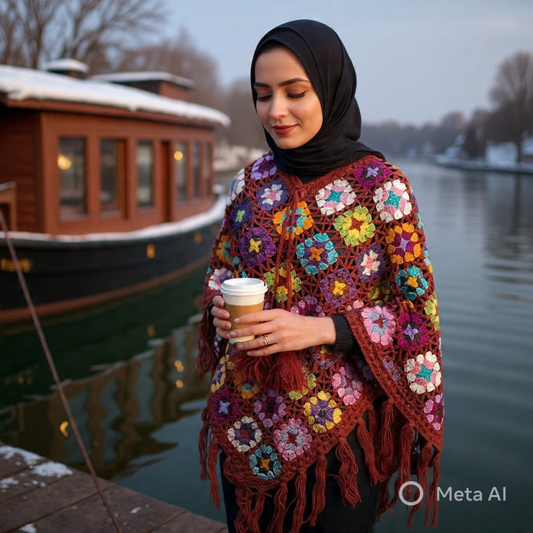 Woollen Qureshi Poncho | Handknitted Wool Poncho | Crochet Poncho