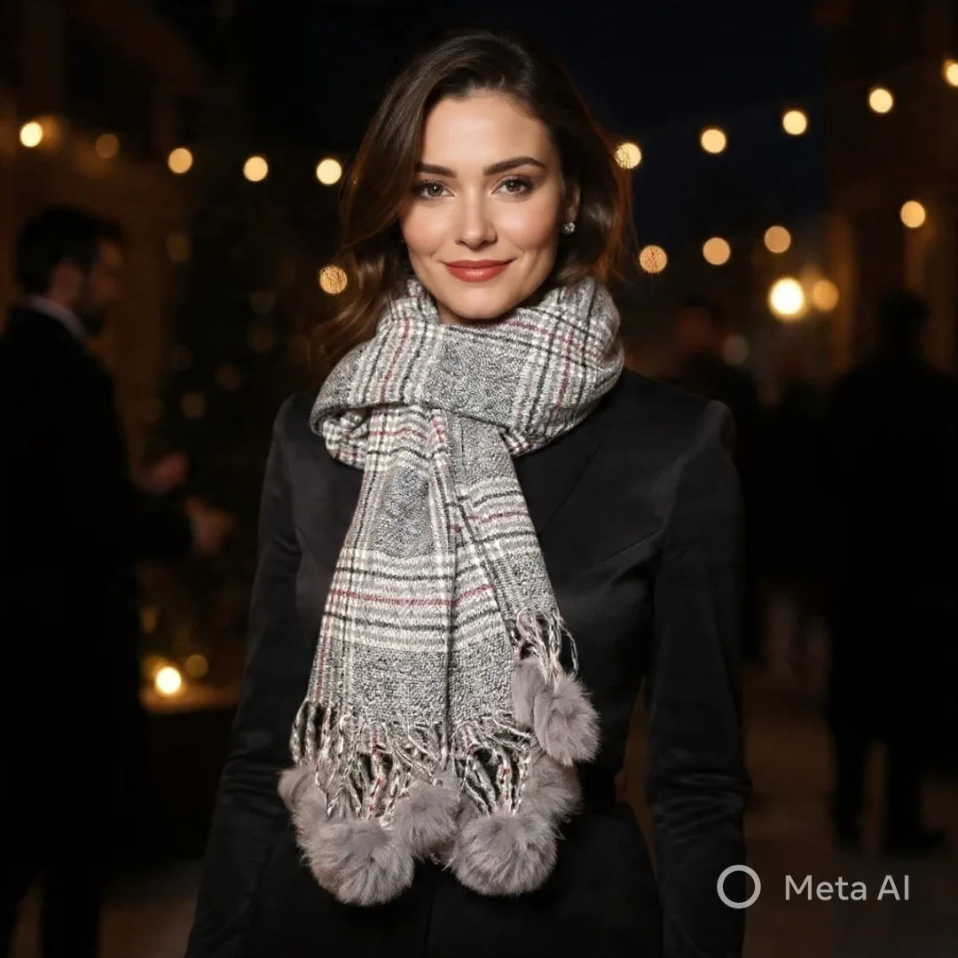 Cashmere Woolen Stole | Reversible Stole | Check Design With Fur Balls