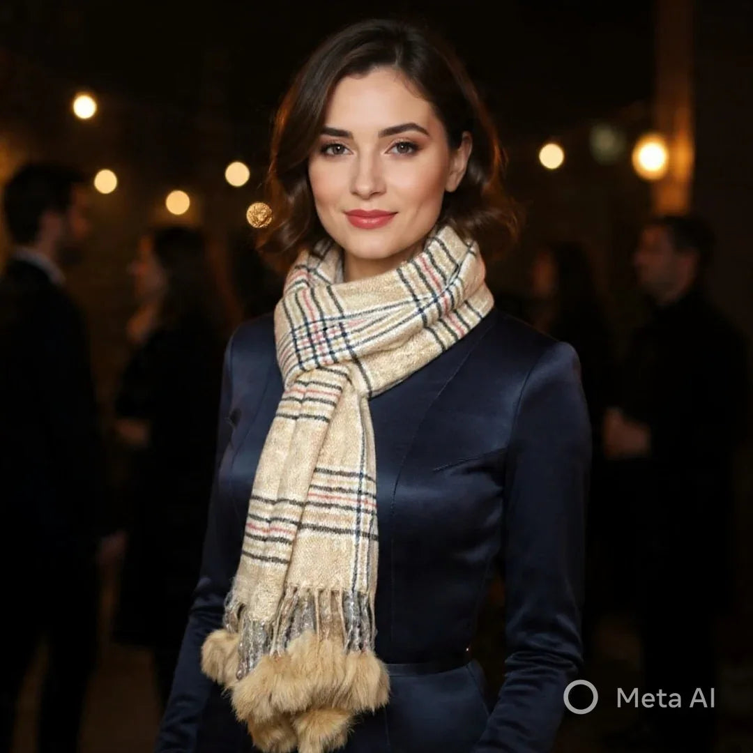 Cashmere Woolen Stole | Reversible Stole | Check Design With Fur Balls