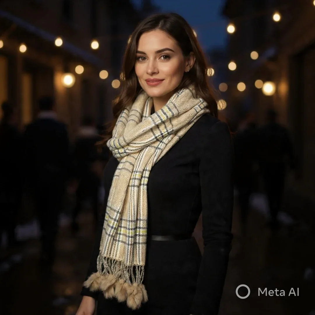 Cashmere Woolen Stole | Reversible Stole | Check Design With Fur Balls