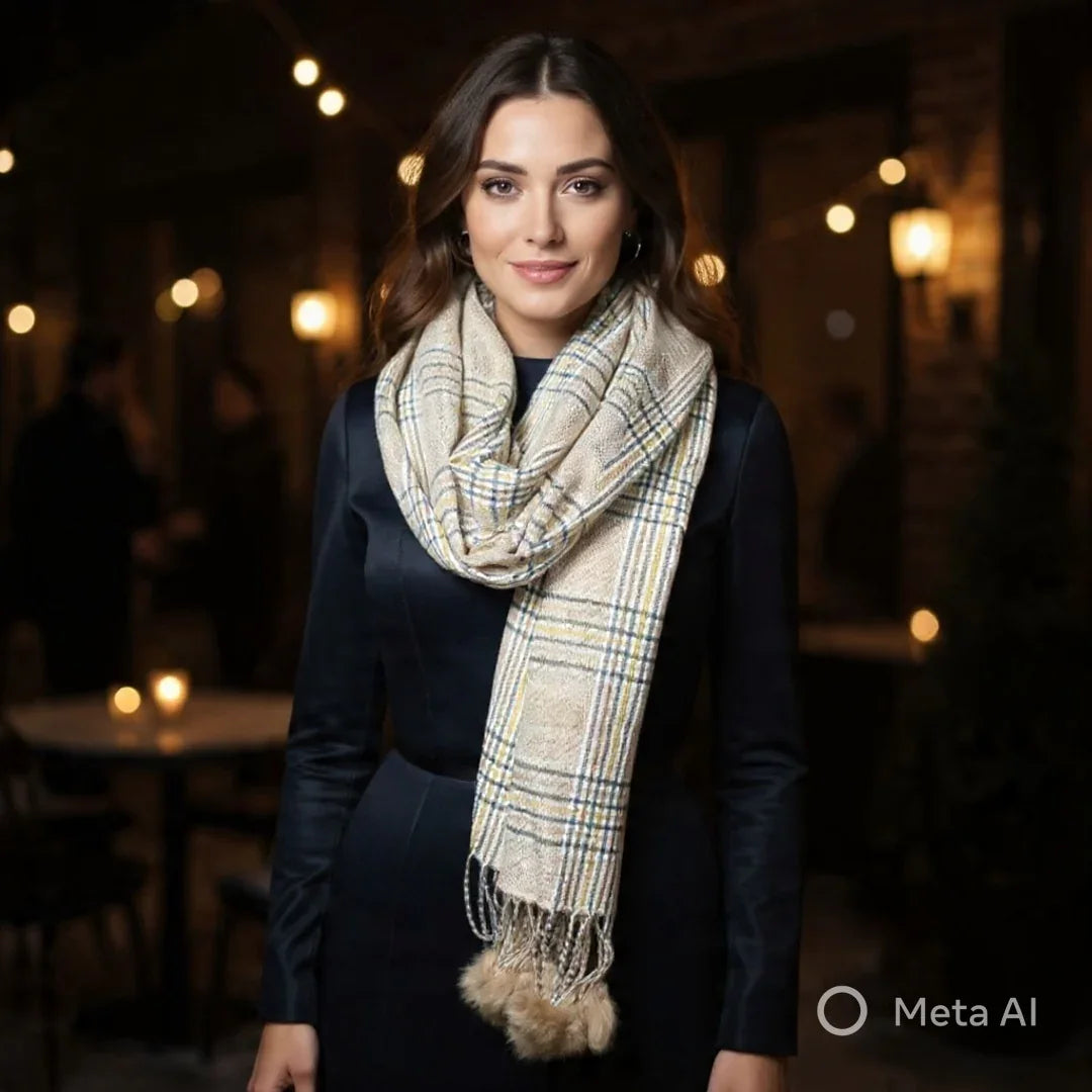 Cashmere Woolen Stole | Reversible Stole | Check Design With Fur Balls