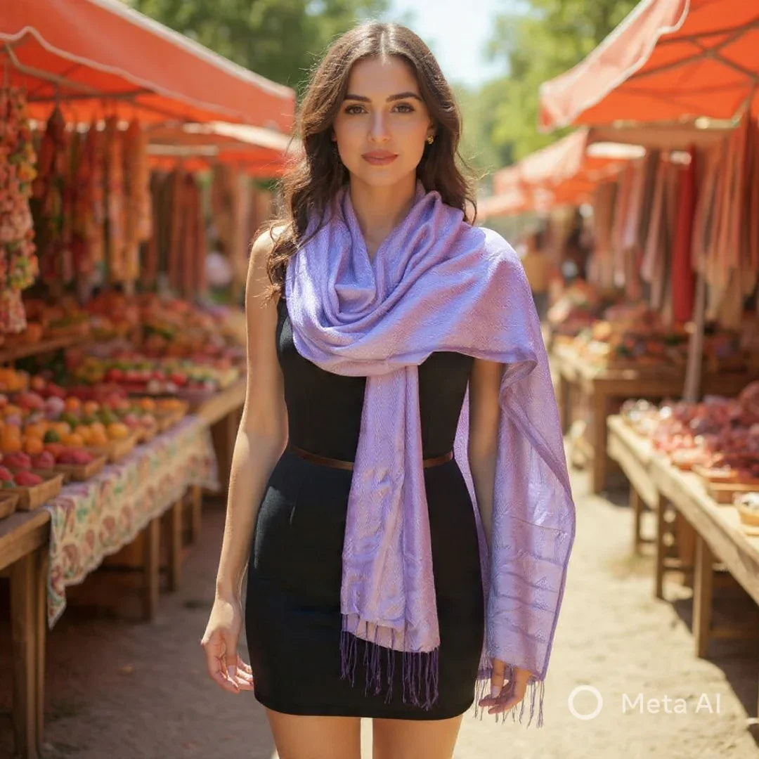 Silk Wool Stole | Large Scarf Wrap | Wave Design Stole