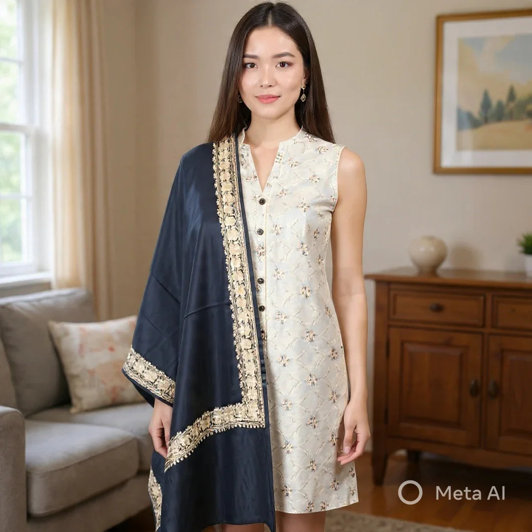 Tilla Border Stole | Zari Border | Black Colour | Handwoven