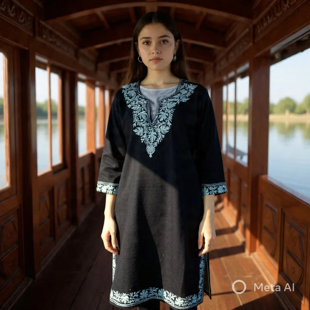 Young woman wearing a black embroidered Pashmina shawl dress standing inside a wooden houseboat by the lake