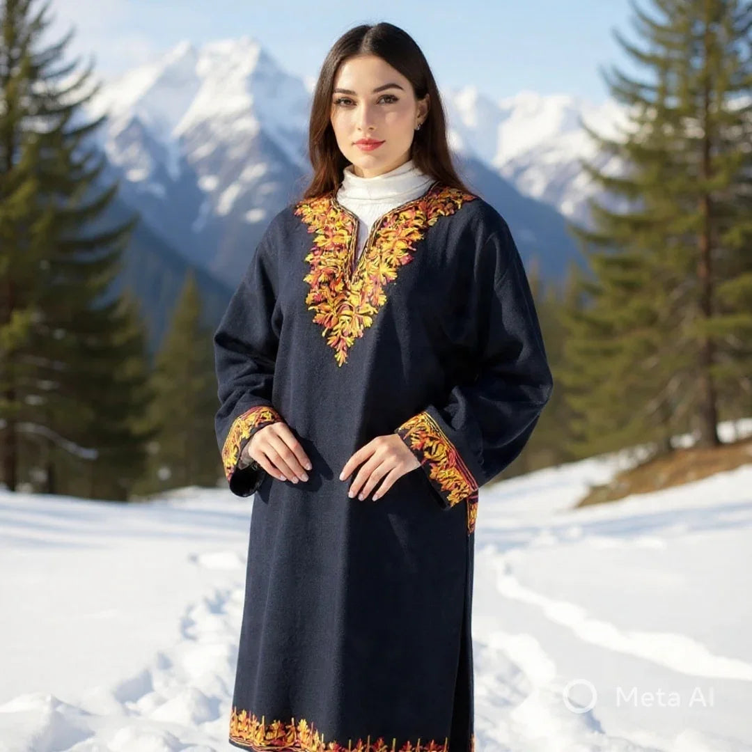 Woman wearing a black traditional woolen Pashmina shawl with intricate yellow and orange embroidery, snowy mountain background