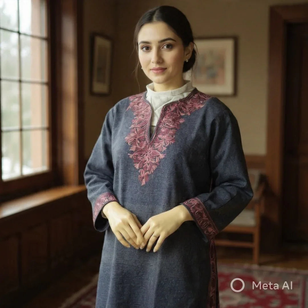 Woman indoors wearing a grey traditional dress with pink floral embroidery on neckline and cuffs