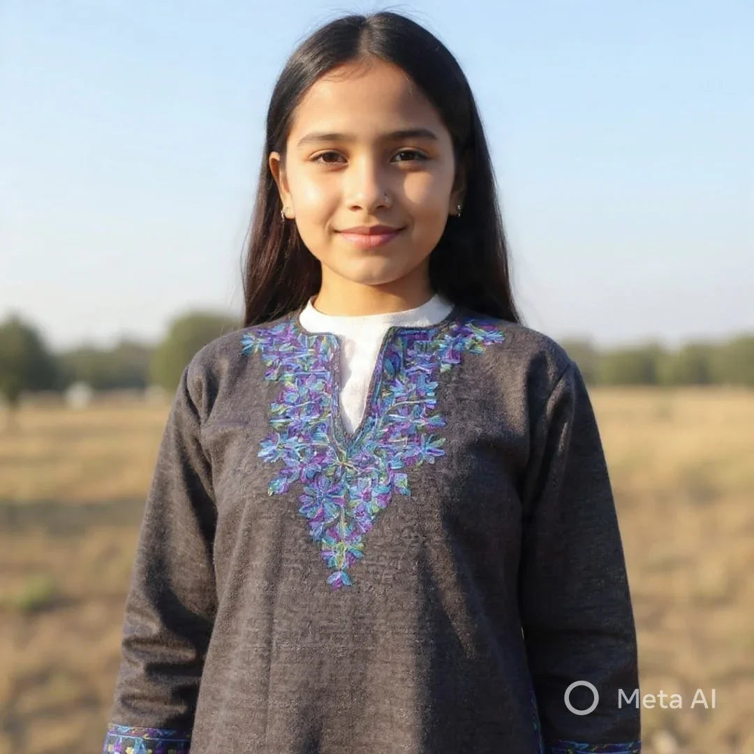 Young woman outdoors wearing a gray embroidered Pashmina shawl with blue floral designs, natural background