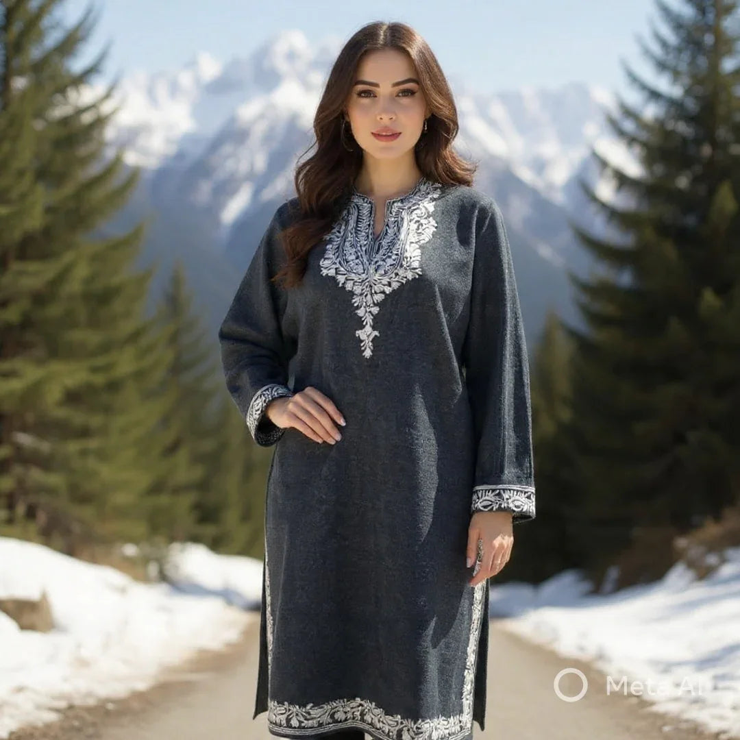 Woman wearing dark gray embroidered Pashmina shawl dress in snowy mountain landscape with pine trees