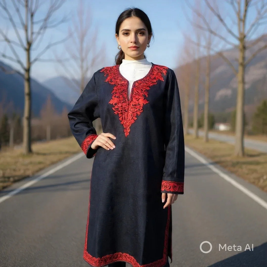 Women Yak Wool Faran | XXL Dark Black | V Neck