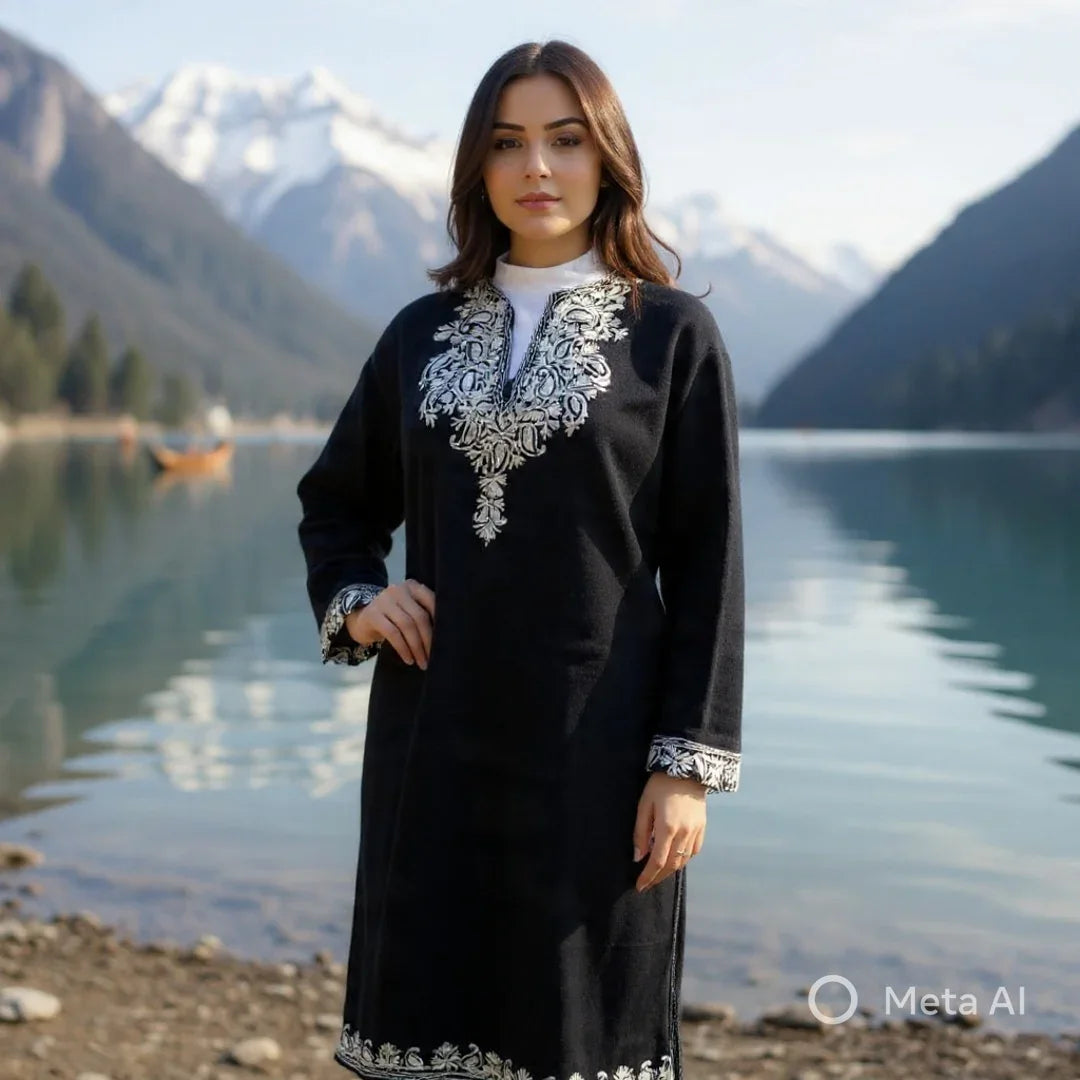 Women Yak Wool Faran | XL Dark Black | V Neck