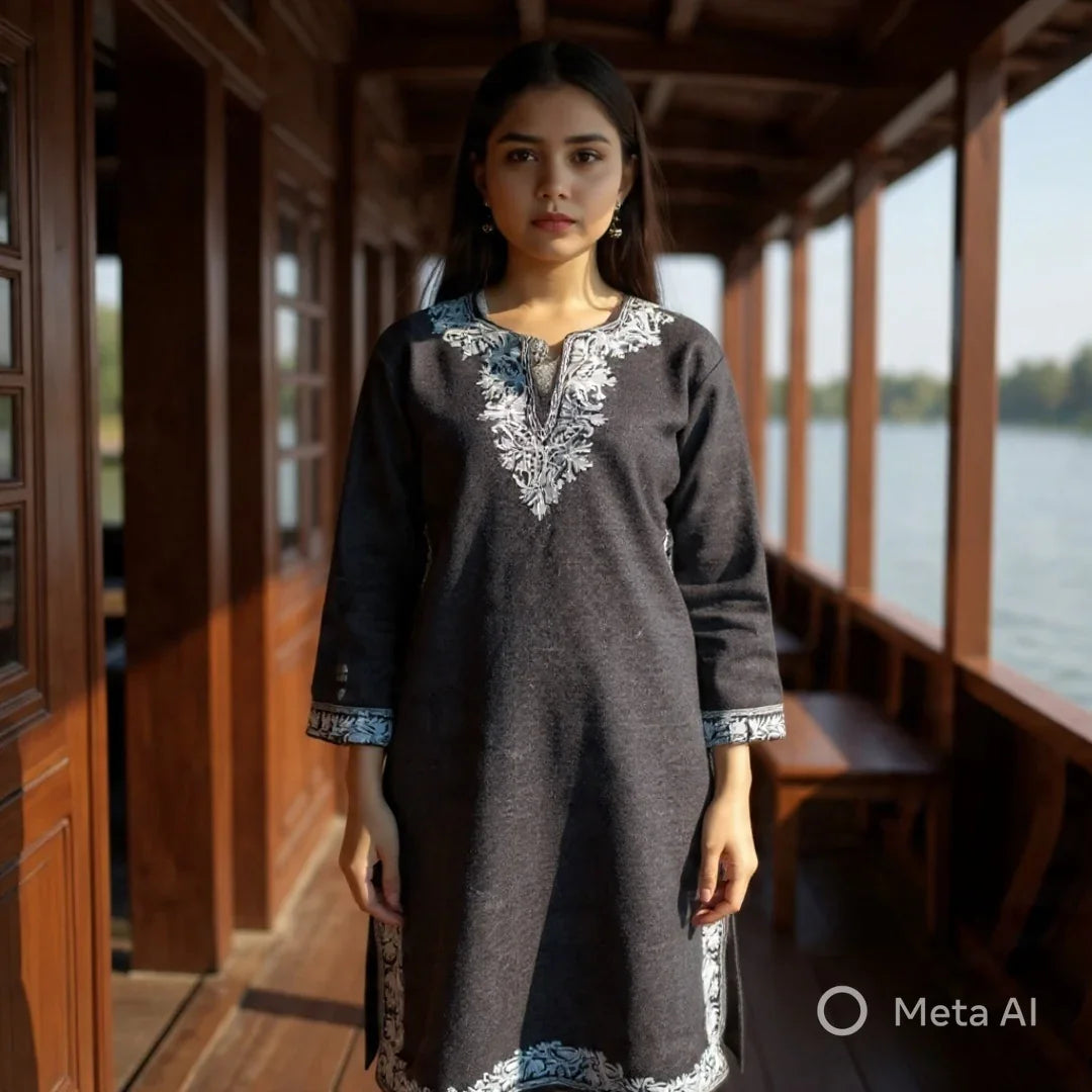 Woman wearing dark grey embroidered wool kurti on wooden boat near water, traditional style