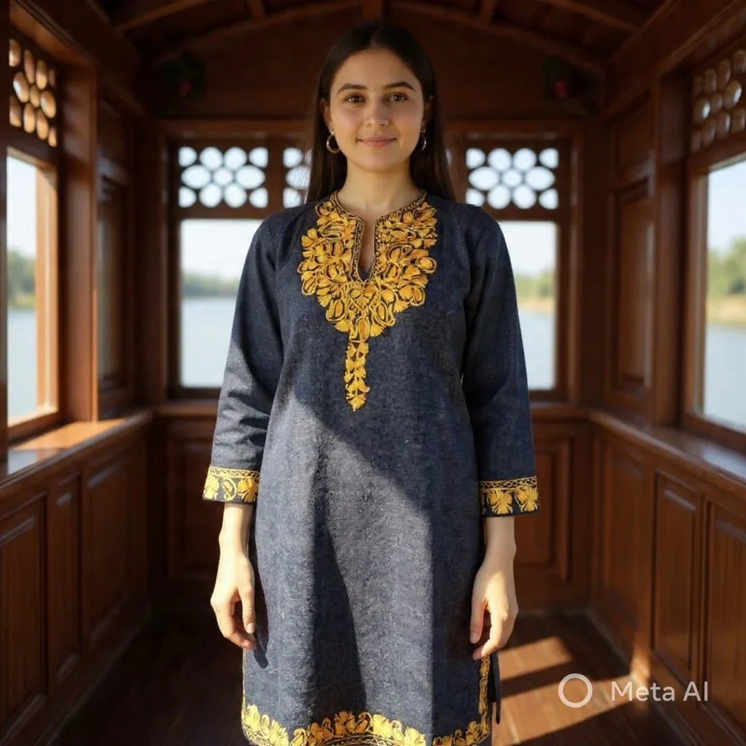 Woman wearing dark blue traditional dress with intricate yellow embroidery, standing inside wooden room with window patterns