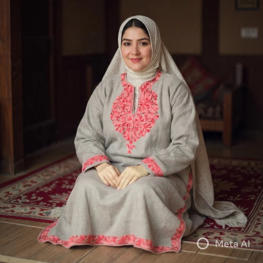 Woman wearing a traditional gray Pashmina shawl dress with pink embroidery, sitting on a red carpet indoors