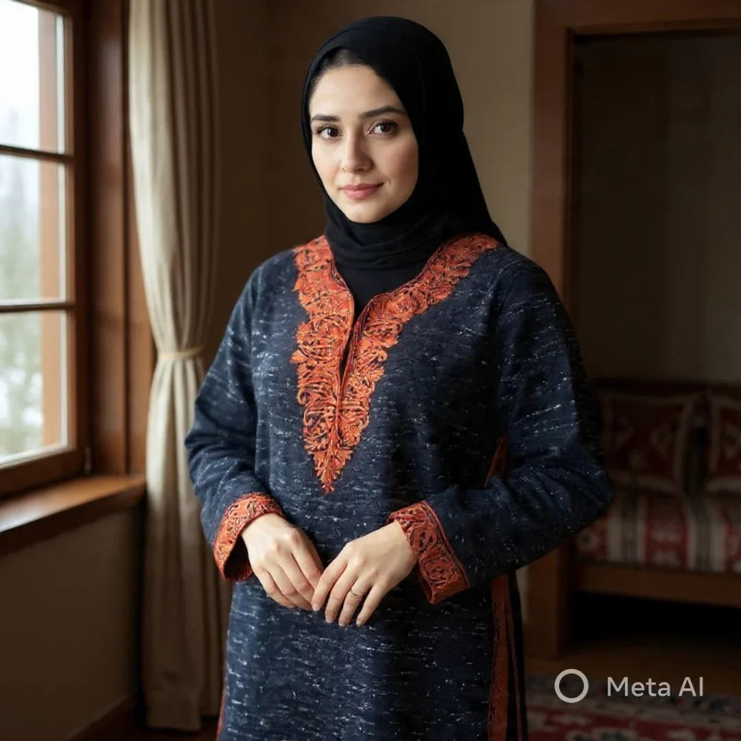 Women Yak Wool Faran | XL Natural Black | V Neck