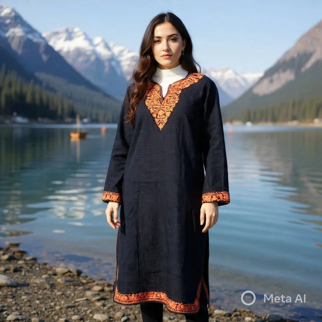 Women Yak Wool Faran | XL Dark Black | V Neck