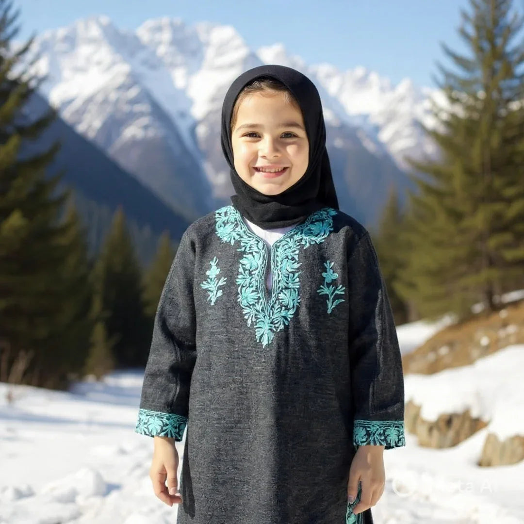 Kids Yak Wool Faran (Pheran) | S Dark Grey | V Neck