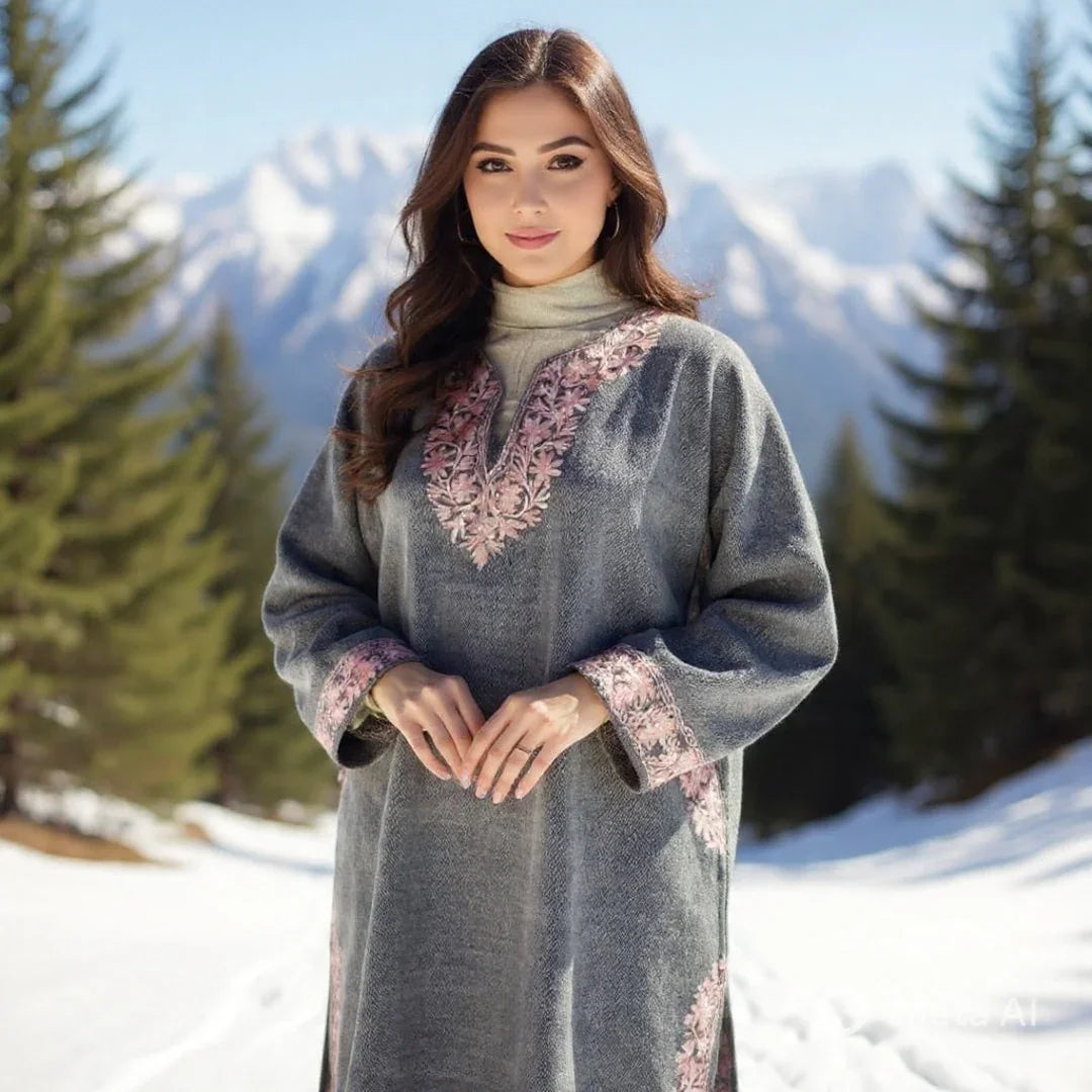 Women Yak Wool Faran | XXL Light Grey | V Neck