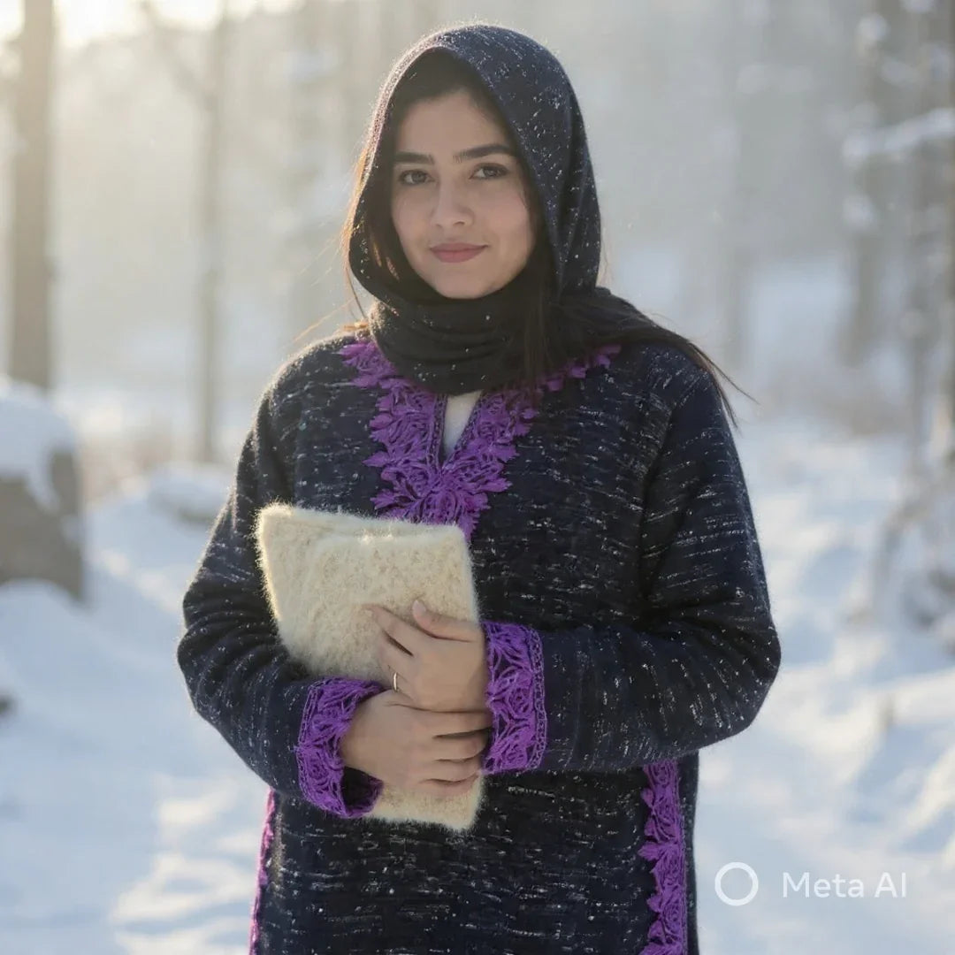 Women Yak Wool Faran | XL Natural Black | V Neck