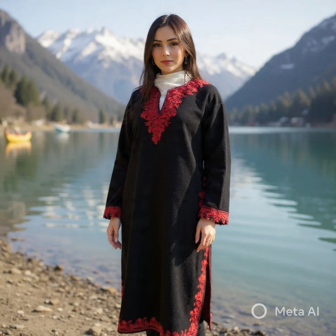 Women Yak Wool Faran | XL Dark Black | V Neck