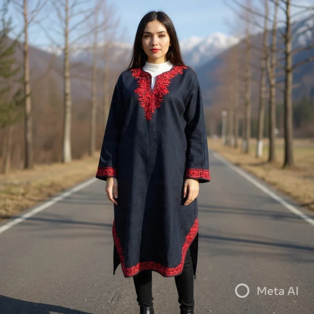 Woman standing on a road wearing a black woolen kurta with red embroidery, snowy mountains in background